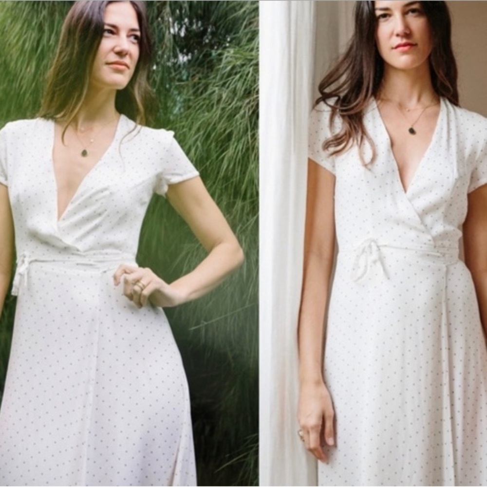 Jenni Kayne Ivory Black DOT Print SILK WRAP Short Sleeve DRESS
